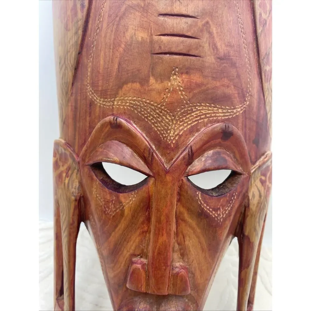 Vintage African WOOD MASK Tribal Art-long ears-wall hanging-hand carved 14”